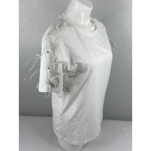 in2you Women Medium White T Shirt Feather Rhinestone Sleeve Casual NWT - Picture 3 of 9